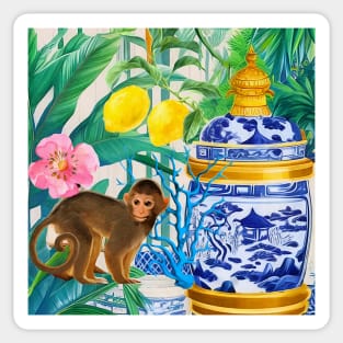 Monkey and chinoiserie jar in tropical ga4den Sticker